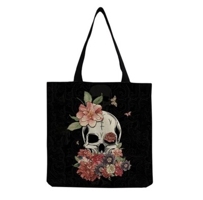 Black Tote Bag Purse Canvas Shopper Four Colorful Skulls and Flowers