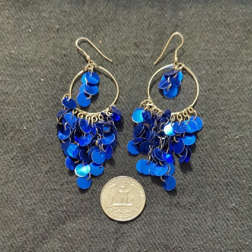 Silver Tone Blue Disc Dangle Statement Earrings - image 2