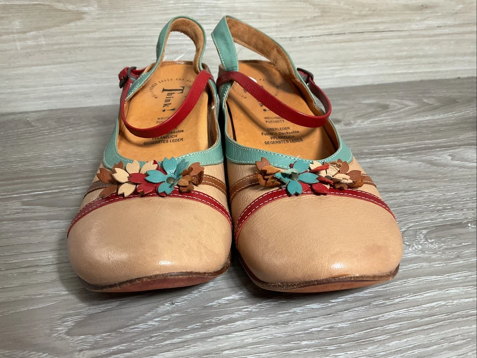 Think! Zapatos Tacones Azul Tostado Rojo Tirantes Floral Talla 41 Retro Foto 3 de 4