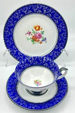 RW BAVARIA GERMANY SILVER TRIMMED BLUE TRIO: PLATE, CUP, SAUCER