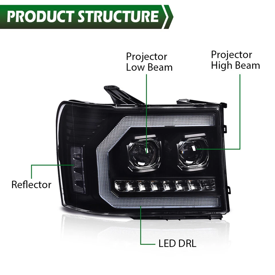 Fit For 2007-2013 GMC Sierra 1500 2500HD 3500HD LED DRL Tube Projector Headlight - Image 3 of 4