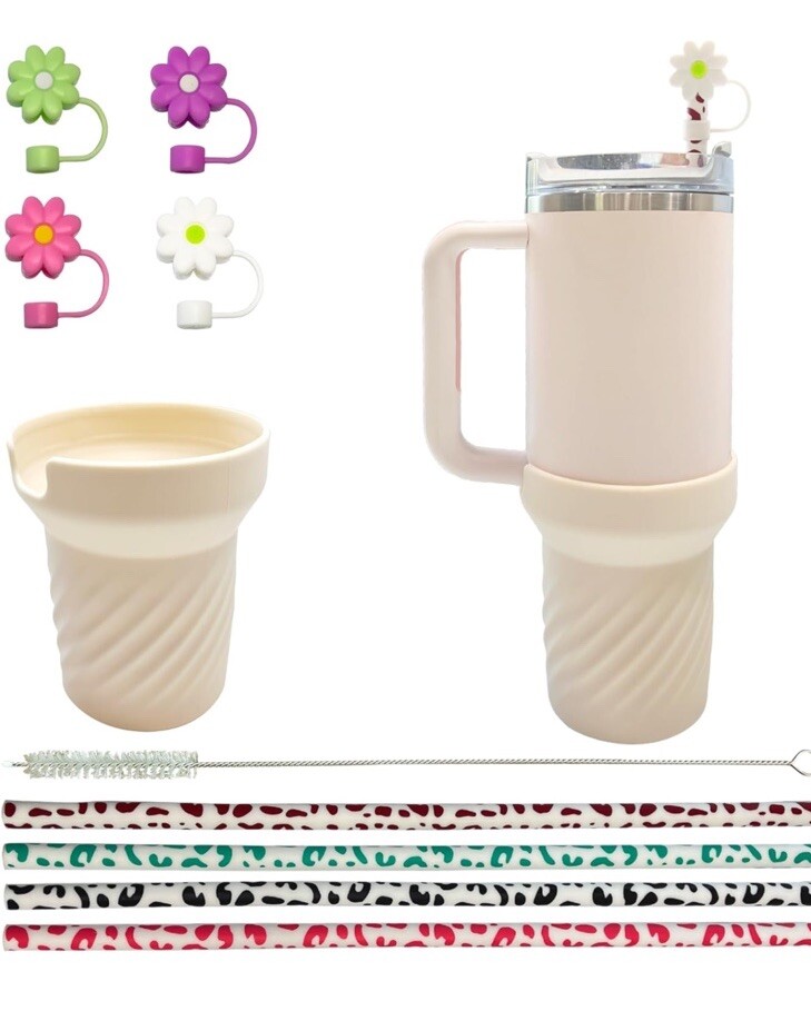 stanley cup accessories Bundle Silicone Boot (1) Cute Floral Silicone Straws (4)-image