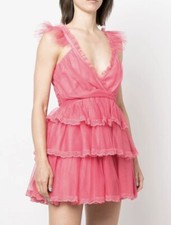 Love Shack Fancy NEW Zorina Lace Mesh Tiered Mini Dress In Pink Passion 10 $595