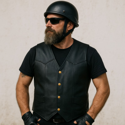 HERREN LEDERWESTE KLASSISCHER BIKER STYLE WESTE SCHWARZ ECHT 100% ECHTLEDER