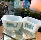 (2) Pyrex 501-B 1-1/2 Cup Amish Butterprint Dish Turquoise/White No Lid