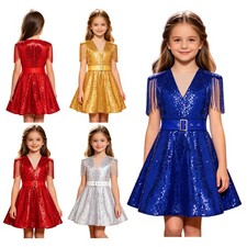 Girls Gown Stage Performance Dress Party Costume A-line Skirt Glitter Event