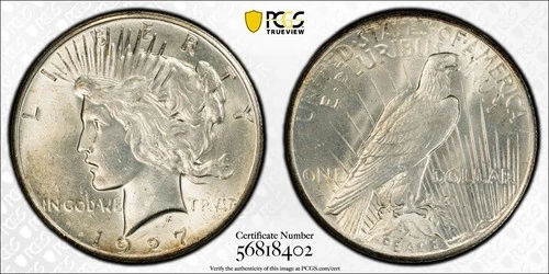 1927 PEACE DOLLAR PCGS MS 62 SMOOTH SATINY WHITE WITH A FULL STRIKE, AND SOME