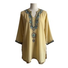 Indian Selections Yellow Embroidered Kurta Kurti for Women Size M