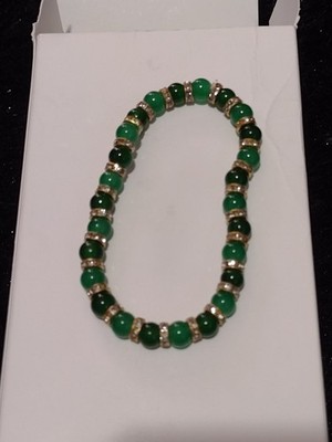 Green Round Beaded Stretch Bracelet w/ Gold-Tone Spacer Beads, No Clasp
