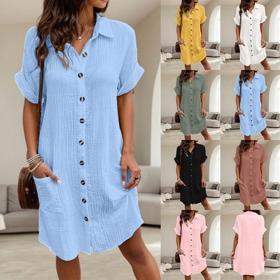 Damen Umlegekragen Knopf Freizeitkleid Sommerkleid Hemdkleid Tunikakleid Urlaub