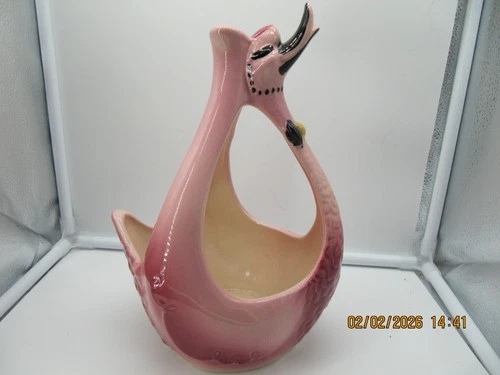 Vintage MCM Hull #413 SWAN / GOOSE W/Bow Tie Planter Light/Dark Pink USA