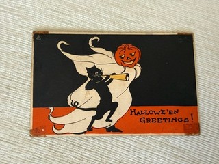 Vintage Antique Halloween Postcard Gibson Ghost W/ JOL Head Black Cat with horn