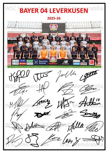 11958. 2025-26 Bayer Leverkusen Signed Team Picture Sheet PRINTED AUTOGRAPHS A4