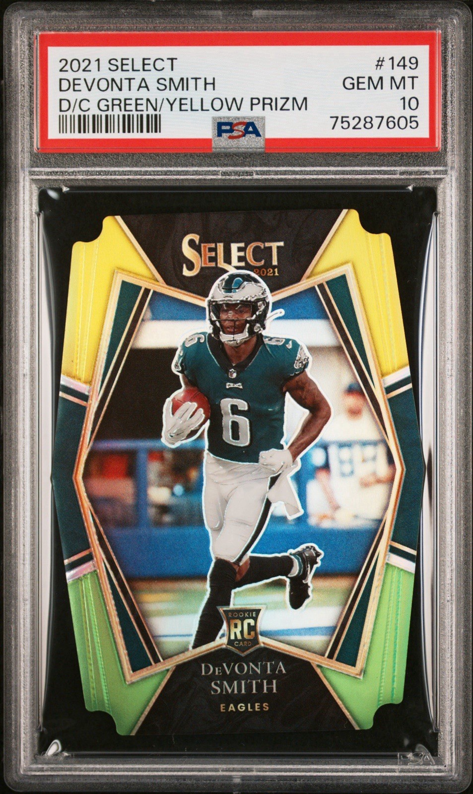 2021 Select DeVonta Smith RC Green and Yellow Prizm Die Cut Premier #149 PSA 10