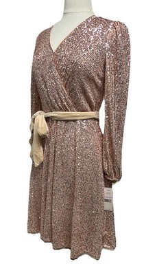 Nanette Lepore Long Sleeve Sequined Dress Rose Gold w/ Velvet Tie Sz 6 |  eBay