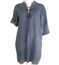 Cloth and Stone Shirt Dress Lace Up Front Roll Tab Blue Gray Womens Size M