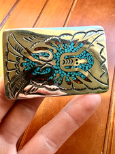 New Mexico Sterling Silver  Turqouise Inlaid Chip Aztec Bird Belt Buckle
