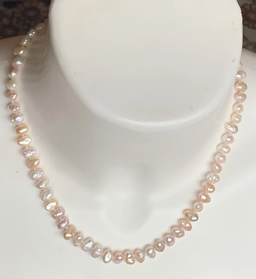 "Collar vintage de 8 mm anudado a mano de perlas barrocas de oro de 14 k cierre de barril 18""" Foto 2 de 4