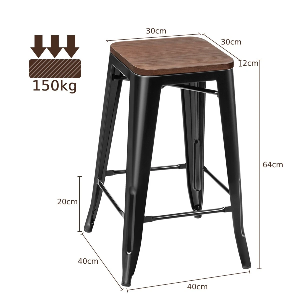 Set of 4 Bar Stools Stackable Industrial Counter Height Bar Stool