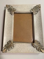 Picture Frame 3 1/2" x 5" Cream & Silver Crackle Paint,Gold Leaf Embossed/Corner