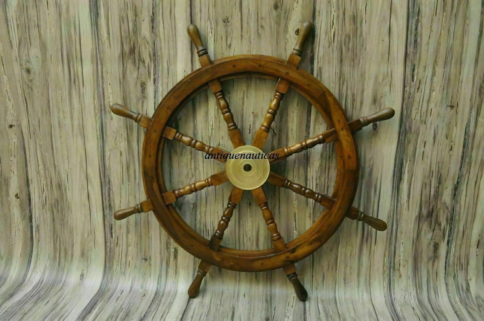 36"Big Ship Steering Wheel Handmade Wooden Antique Teak Brass Nautical Pirate - Image 3 of 4