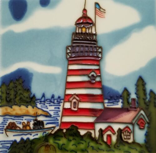 Colorful Lighthouse W/ American Flag Decorative Ceramic Art Tiles Hand Painted.  - Picture 1 of 3