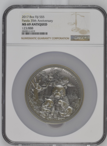 2017 S$5 Fiji 8oz Silver Panda 35th Anniversary NGC MS69 Antiqued 123/888 - Picture 1 of 3