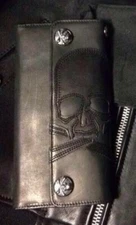 ROEN BLK/Skull Biker Punk Rocker Bifold Long Leather Wallet From Japan