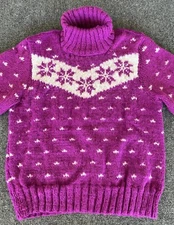 Womens VTG Sweater Hand Knit Wool Turtleneck Purple White AOP Grandmama Core