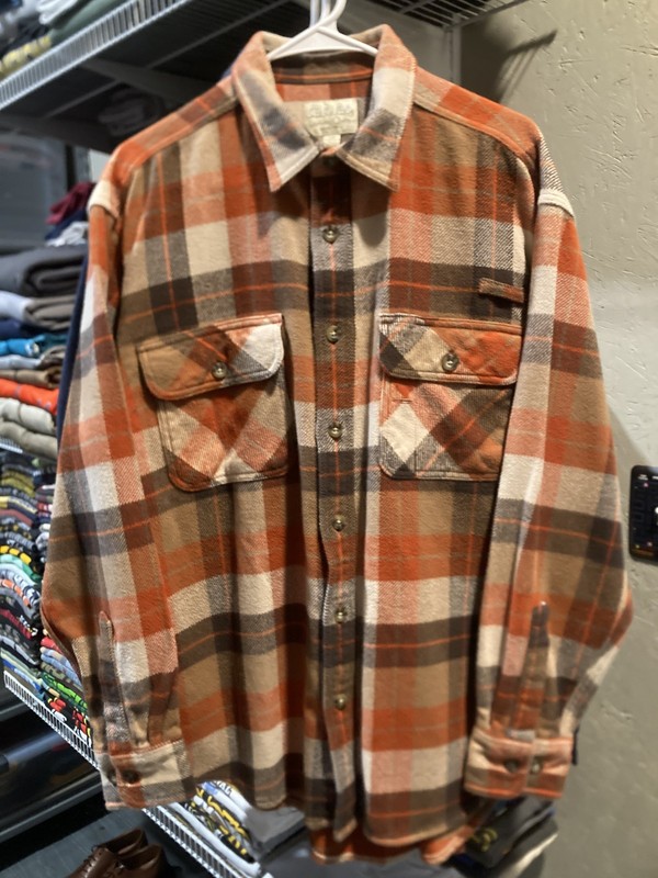 CABELAS Mens Large Flannel Button-Down Orange/Red Plaid Shirt Jac
