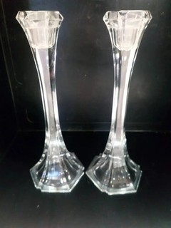 Beaumont Lead Crystal Pair of Tall Clear Glass Candlestick Holders 9.5" Tall