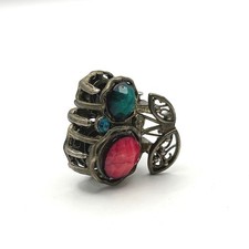 Vintage Style Mini Hair Claw Clip Bronze Filigree Red Teal Faux Stone Ornate