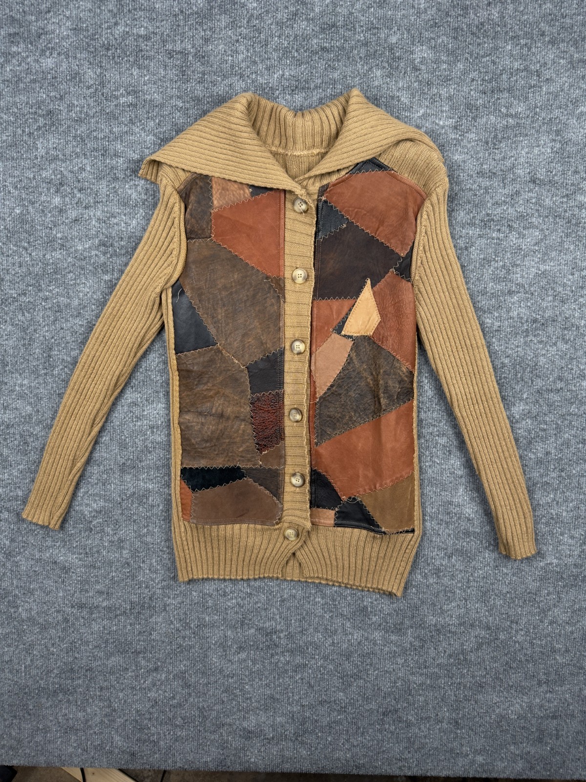 Vintage Patchwork Leather Front Knit Cardigan Swe… - image 1