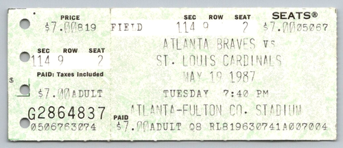 Vintage Baseball Ticket Stubs | May 19, 1987 Braves vs Cardinals - Picture 1 of 4