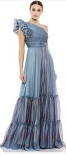 NWT Mac Duggal 67878 Sz 18 Ruffle One Shoulder Chiffon A-Line Gown Fusion Blue