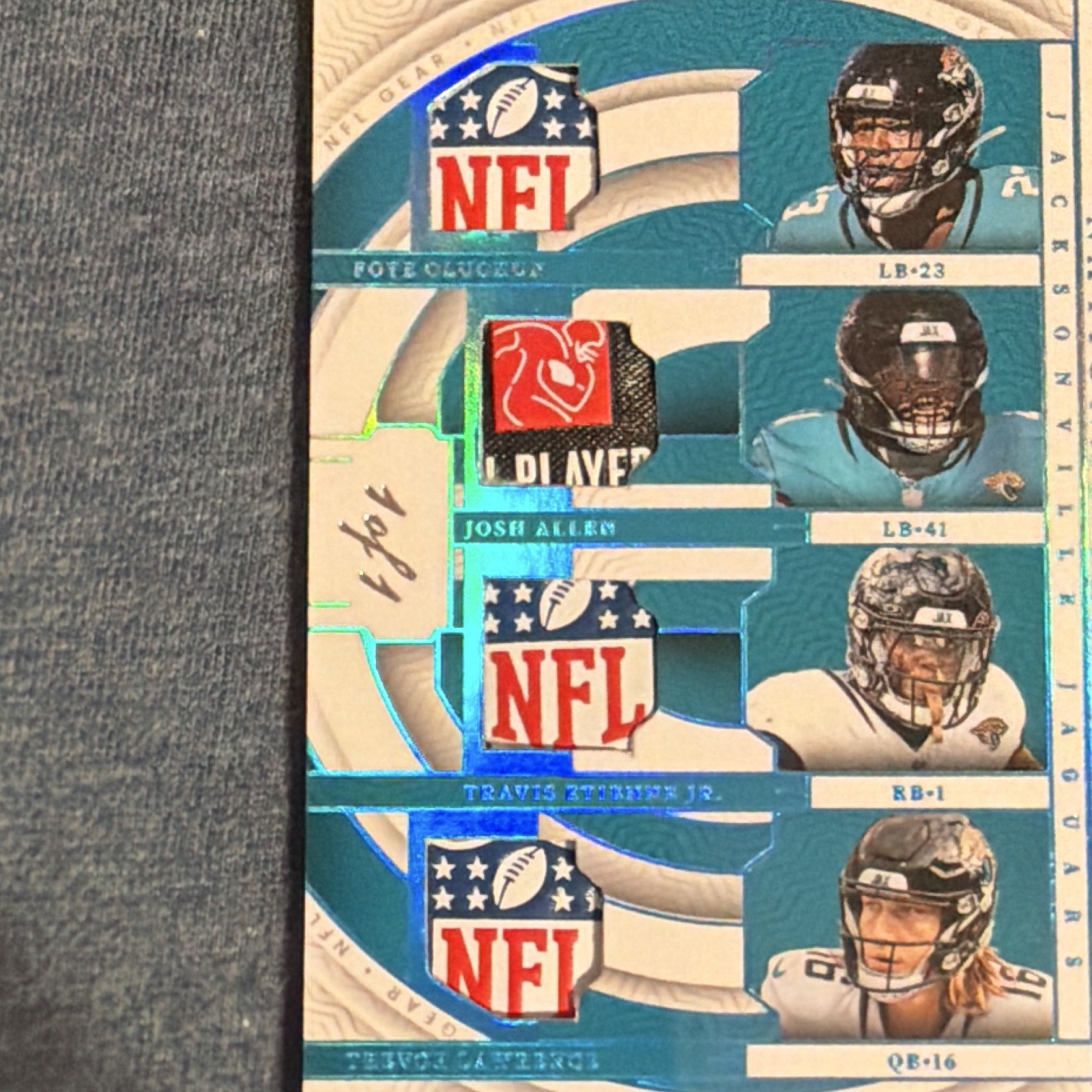 2023 Panini National Treasures Quad NFL Shield Lawrence/Etienne/Allen/Olad 1/1 view 12