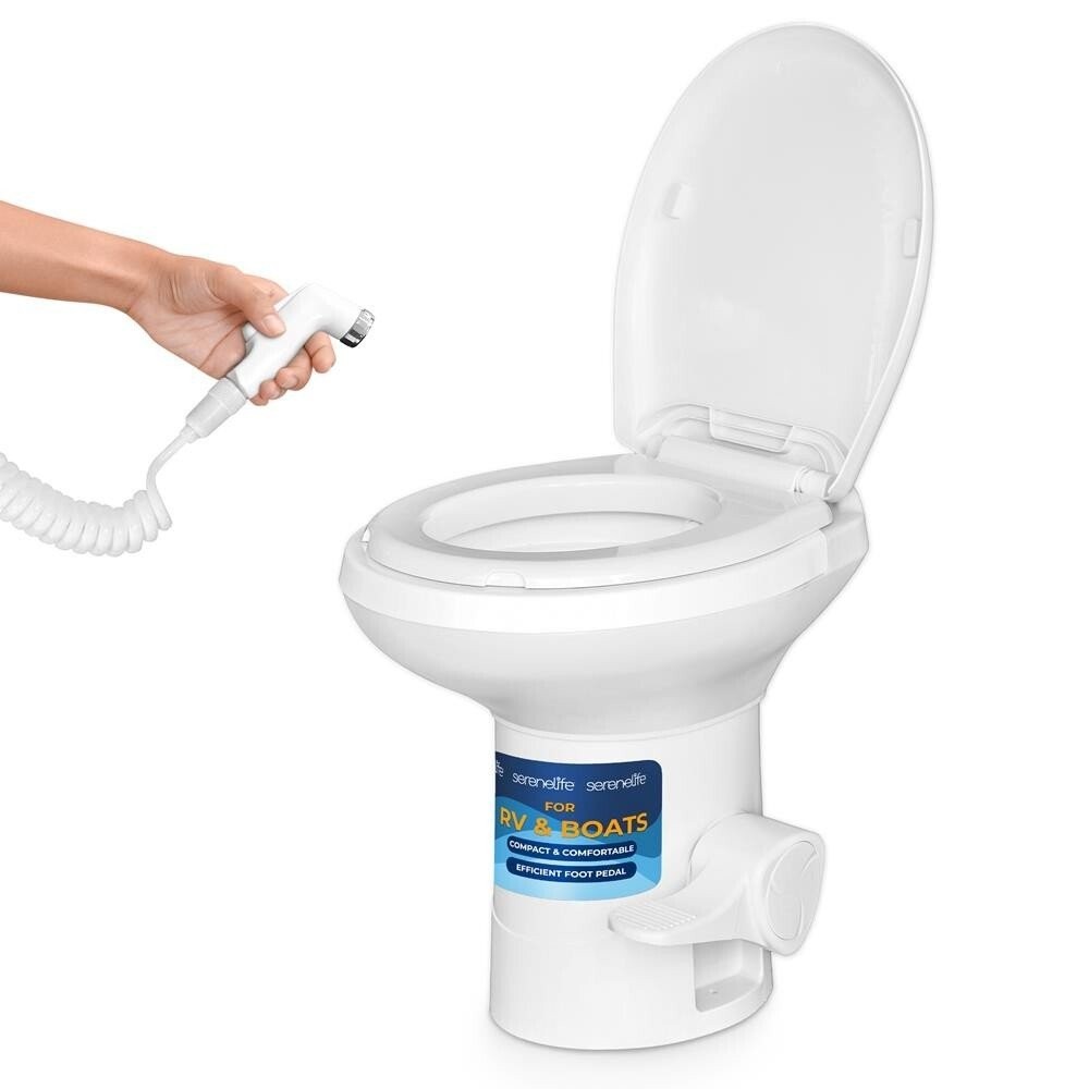 SereneLife RV Plastic Bowl Gravity Flush Toilet w/ Hose Connector, Hand Sprayer