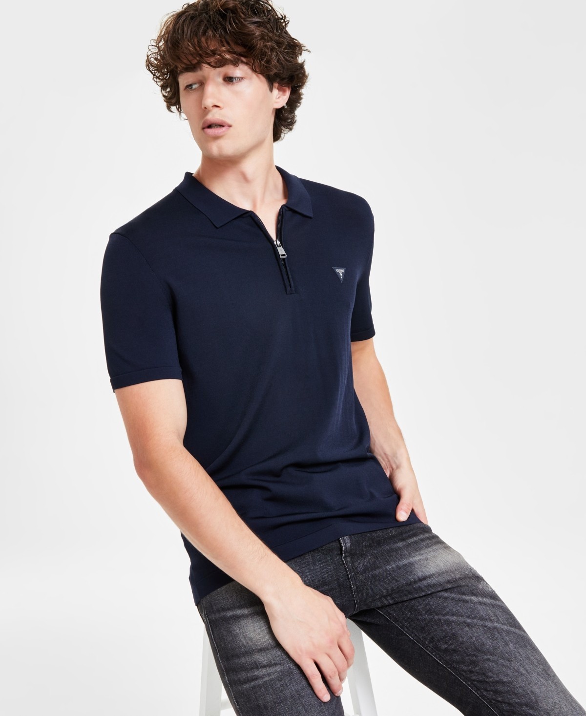 GUESS Mens Dane Tech Short Sleeve Polo Sweater Smart Blue Large 10190₽