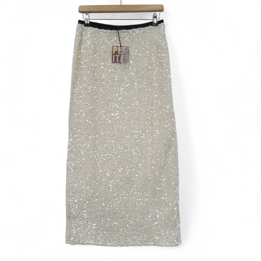 River Island Skirt Size UK 10 Petite White Sequin Midi Stretch