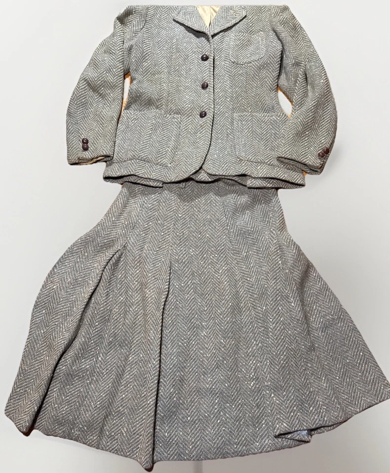 复古 20 世纪 30 年代 New York Flah Co 绿色粗花呢羊毛西装外套和 A 字百褶裙套装 S — 第 3/4 张图片