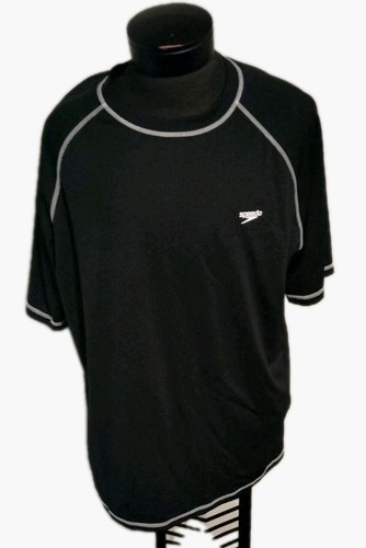 Speedo Mens UV Block the Burn Rash Guard Swim Shirt Black Loose Fit Short Sleeve