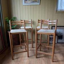 Vintage Mid-Century Wooden Bar Stools with Woven Rush Seats