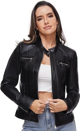 Damen schwarz PU Leder Biker Motorrad Lederjacke - Bild 5 von 7