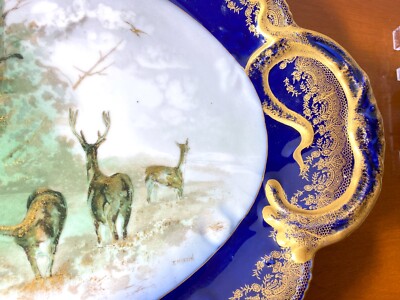 Haviland France Wildlife Plates set, signed, Cobalt blue,gold