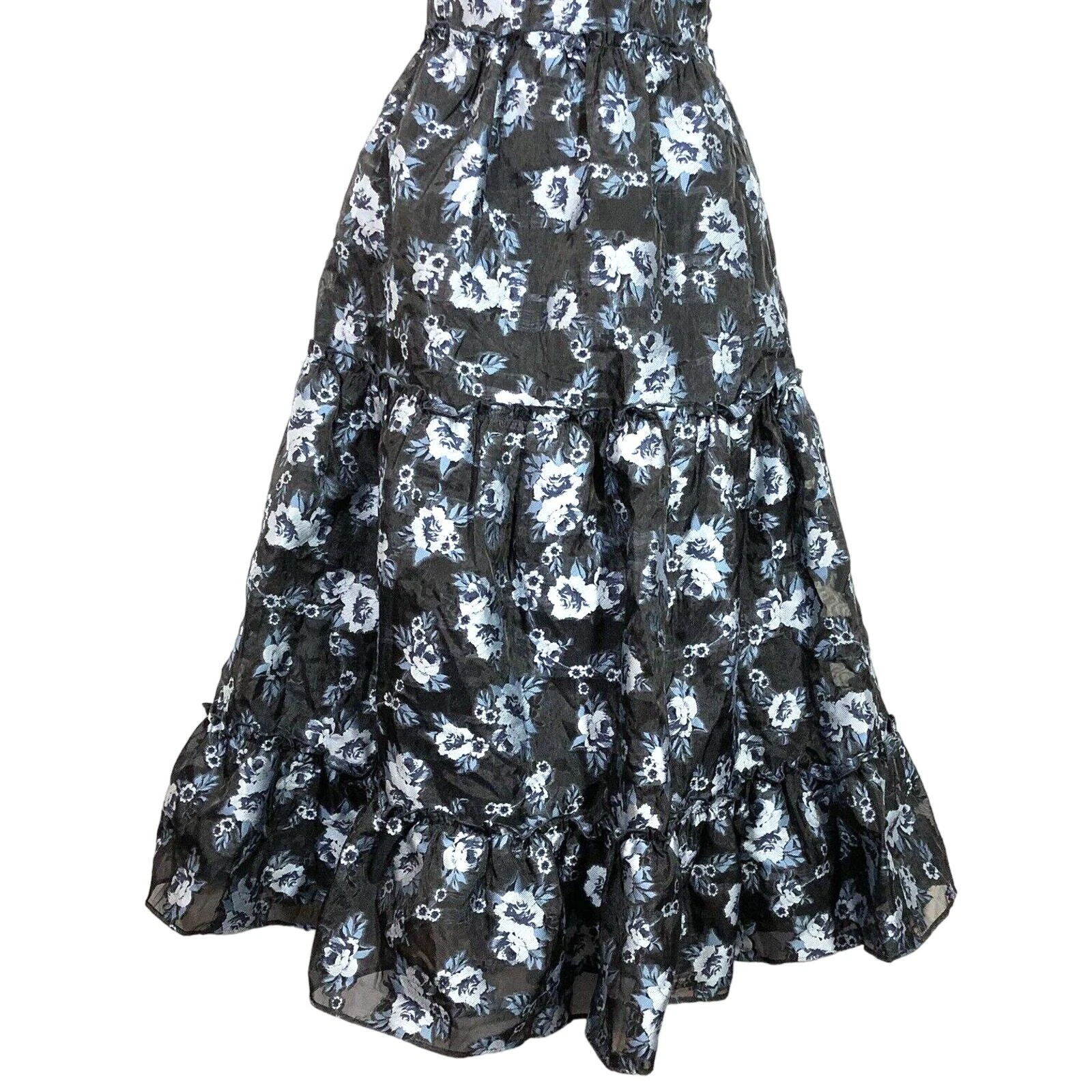 Abito a strati Kate Spade prateria rosa stampa cravatta velluto midi nero blu taglia 0 volant