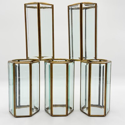 Set of 5 Brass Hexagon 6 Sided Glass Candle Holders Light Covers Vintage Decor