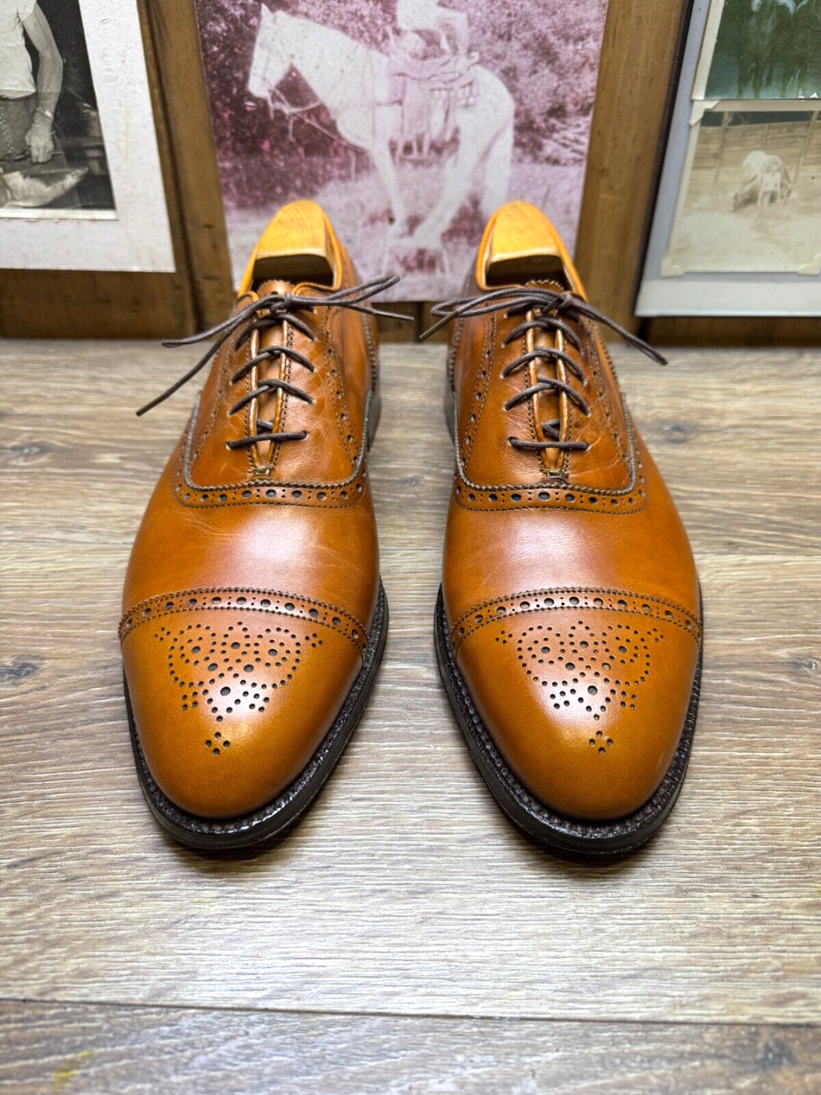 ALDEN MEDALLION TIP BAL OXFORD 11 NARROW BURNISHED TAN MENS DRESS SHOES