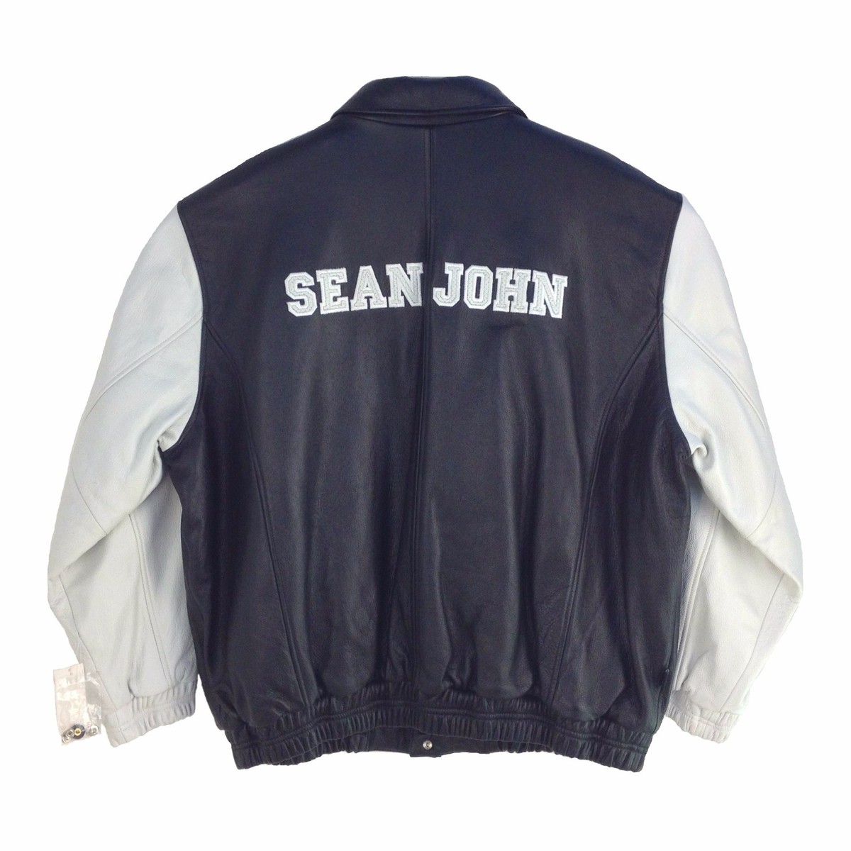 Vintage Sean John, Men Leather Bomber Jacket, BLACK/WHITE, Read