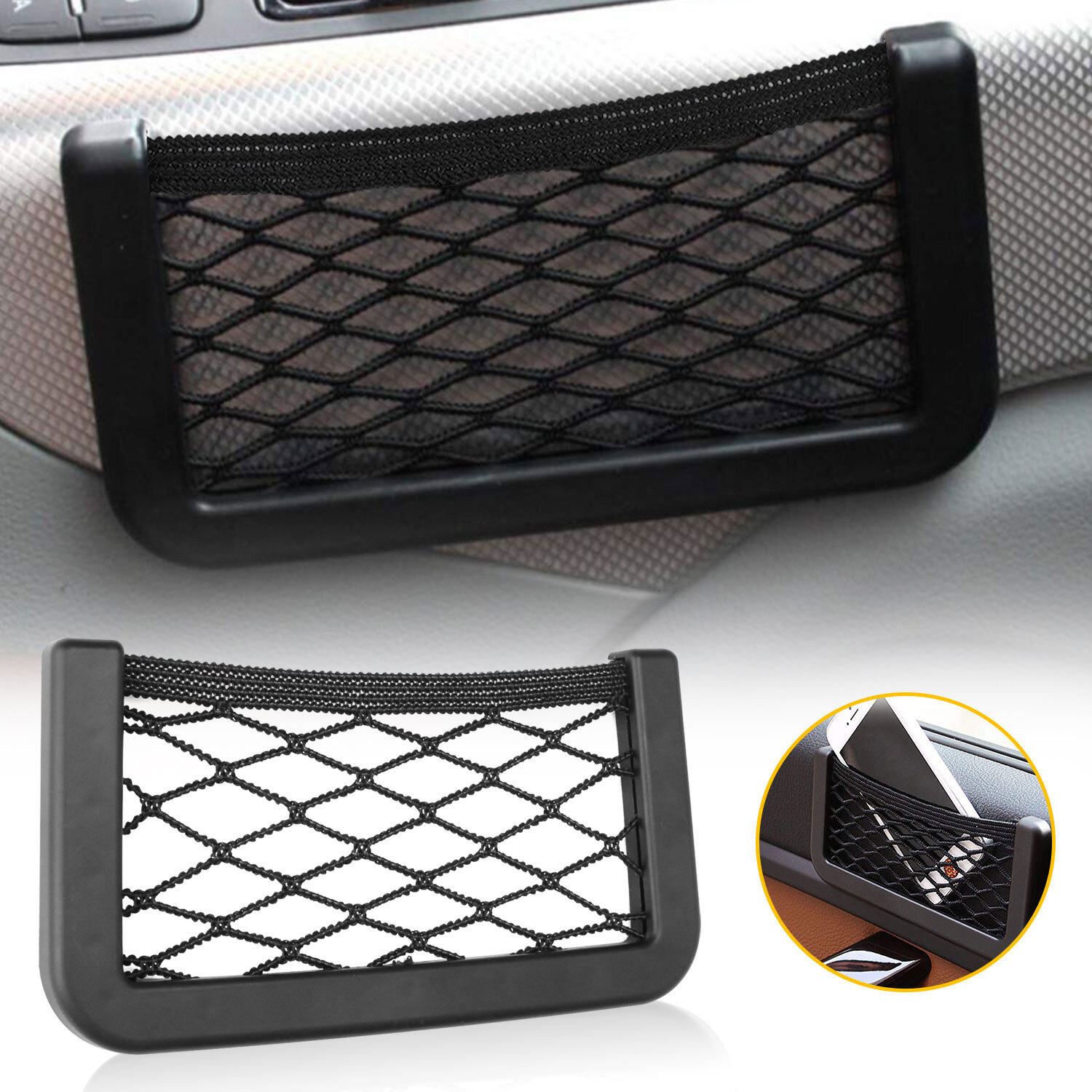 2-Pack Black Elastic Car Phone Holder – Stretchable Auto Storage Net  