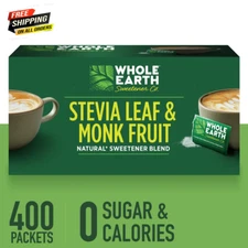 400 Packets WHOLE EARTH Stevia Leaf and Monk Fruit Natural Sweetener No Calorie